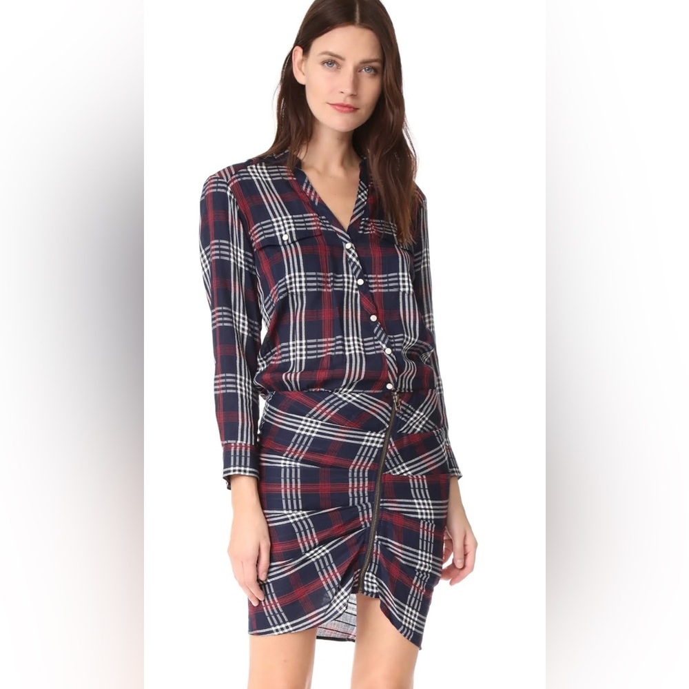 Veronica‎ Beard Emory Ruched Cargo Shirt Dress Navy Plaid Size 2